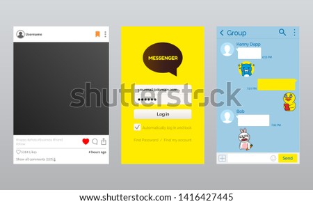 Online messenger and photo app, Korean kakao talk vector. Blank post, like and comment, chat or dialog and log in start page, modern communication