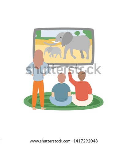 Wildlife represented on screen of tv vector, people watching channel, man sitting on carpet and woman standing by tv set, flat style leisure of friends