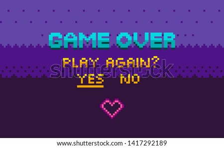 Game over and question of play again, yes or no choosing link, finish level page in purple color, pixelated graphic of final video-game, interface vector, 8 bit pixel text