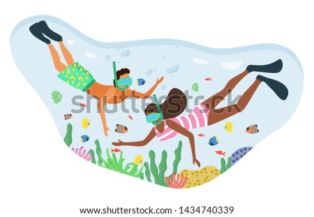 Couple of people wearing bathing suits and swimming goggles snorkeling in turquoise water. Underwater life, coral reef with fish and water plants vector