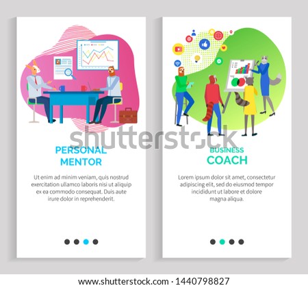 Business coach school for businessman vector, hipster animals giving presentation to students, presenter meeting and gathering of people. Website or slider app, landing page flat style