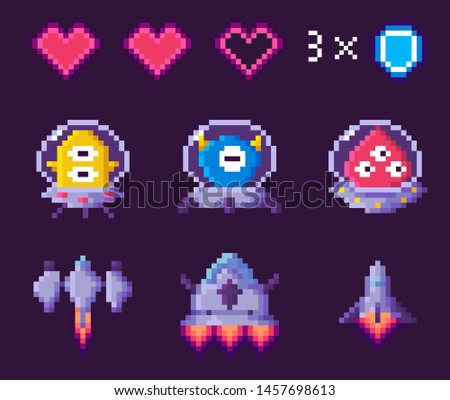 Space pixel game, spaceship and ufo, heart symbols on purple, pixelated cosmic object, space 8 bit video-game, choose hero for battle, screen in dark color with game objects, app vector