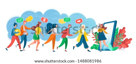 Smartphone and user vector, phone with line of people walking into screen. Referral system, refer friend, making money recommending new group flat style. Referral marketing program. Group customers.