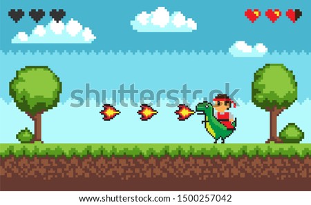 Computer pixel game interface, personage cavalier saddle astride a dinosaur with fire, 8 bit portrait view of fight characters, hero battle in video-game. Pixelated ground with grass, clouds at sky