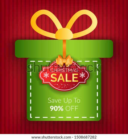 Christmas sale promotion banner vector. Present with text saying 90 percent off price. Lowering of price and reduction of costs on winter holidays. Sticker for shops and stores, seasonal offers