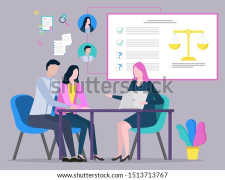 Lawyer discussing with clients, judge consultation, legal advice, plan of strategy. People communication with laptop, legislation and paperwork vector