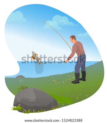 Man just caught fish called luce or pike. Person fishing on lake or river. Male do his favorite hobby on nature. Human standing in black boots and with rod. Vector illustration in flat style