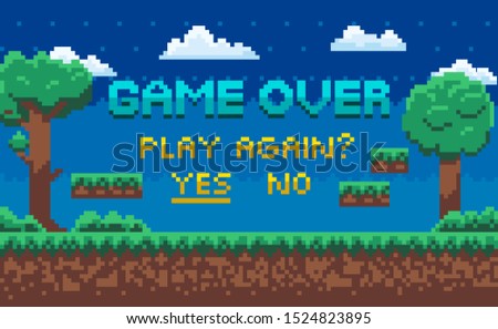 Game over screen vector, landscape with pixel graphics of 8 bit game, question for player to continue game. Trees and grass with stars clouds on sky. Pixelated background for app or video-game