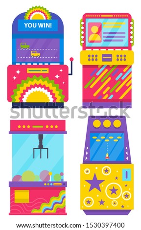 Set of different colorful retro arcade machines isolated on white. Game application on screen. Gaming room, vintage entertainment, vector. Old playing device. Machine for gambling and winning money