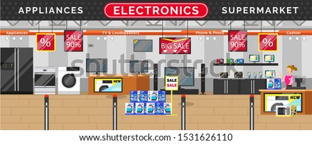 Electronics supermarket, big sale in stores. Kitchen and living room appliances. TV and loudspeakers, phone and photo in mall. Black friday discounts on technical devices, black friday, vector