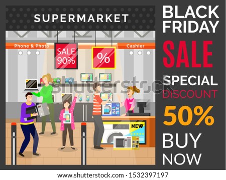 Black friday sale in supermarket with electronic appliances and devices. People shopping at store using discounts and 50 percent off coupons. Microwave oven, camera and personal computer sale vector