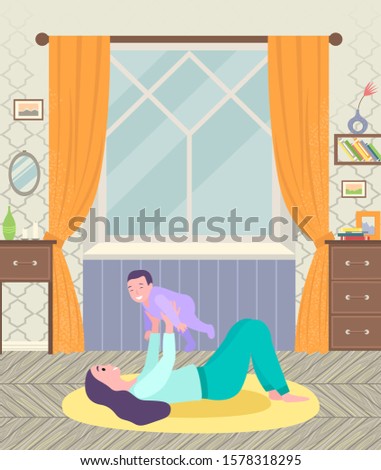 Mother and toddler playing games on carpet in living room. Furniture in room like table and chest. Flower and mirror, fra,e and bookshelf with books. Vector illustration in flat style Photo stock © 