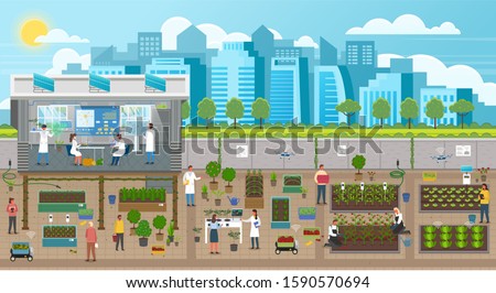 Scientists growing plants in city, urban agriculture in town with developed infrastructure. Farming and new crops engineering. Farmers using energy produced by solar panels in urban gardening, vector