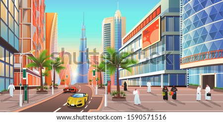 Street in Dubai, cityscape of city in uae. United Arab emirates skyline with skyscrapers and modern luxury sportscars. Citizens and exterior of buildings appartmens of Dubai town, architecture vector