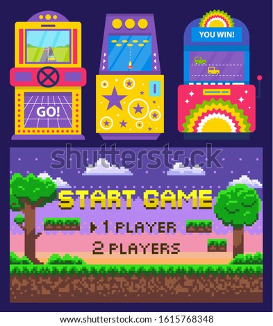Vintage arcades, colorful retro game machines with car racing and rocket launching. Cartoon pixel art nature scene. Start game on screen, vector illustration. Pixelated video-game. Old school games