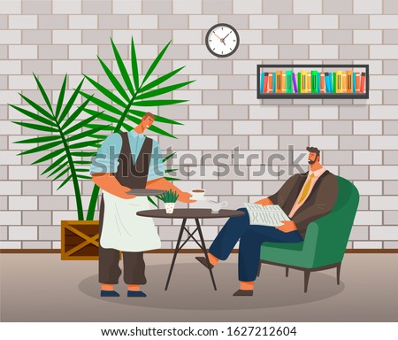 Waiter serving businessman reading newspaper in cafe. Male drinking coffee in coffeehouse. Modern interior of cafeteria or diner. Server wearing uniform giving client ordered beverage vector