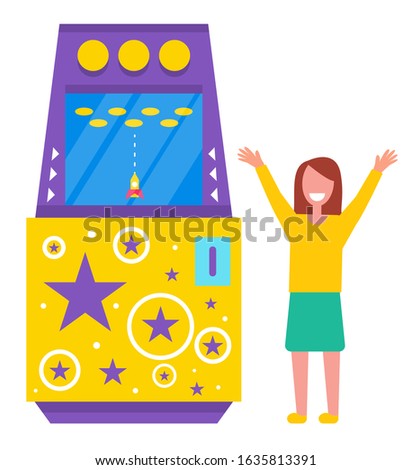 Young girl in green skirt playing arcade machine with stars and rocket isolated on white. Smiling woman with hands up celebrating victory in retro game