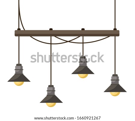 Simple chandelier with wooden balk and four light bulbs. Light fixture mounted on ceiling using rope. Basic furniture needed to illuminate room when it dark. Vector illustration in flat style