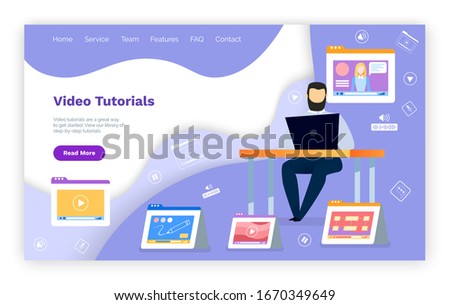 Video tutorials in network, website for online learning through media. People can get knowledge on internet course. Man study using laptop. Opened educational videos. Vector illustration in flat style