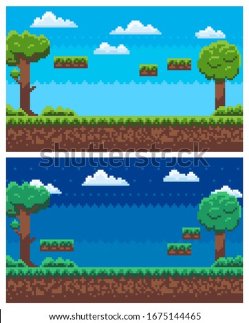 Pixel game landscape vector, set of scenes for rounds, ground with soil and grass, sky and clouds, trees with foliage and branches, pixelated nature