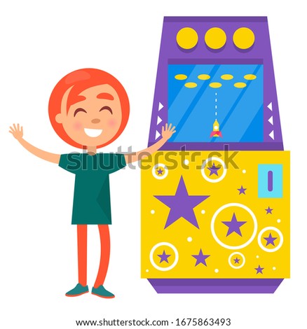 Young girl with red short hair playing colorful retro arcade machine with stars and rocket isolated on white. Smiling woman in gaming room with hands up