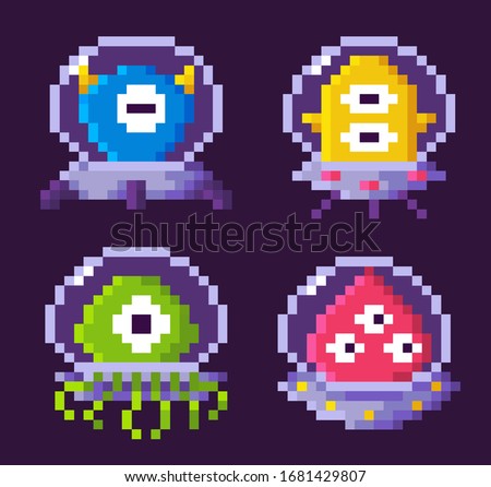 Pixel space game character vector, isolated aliens of different appearance floating in space, gamification of monsters, personage s in 8 bit graphics, pixelated cosmic monster for mobile app games