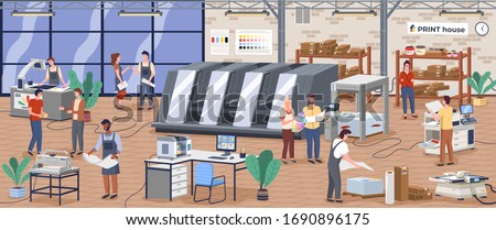 Printing house polygraphy industry composition with human characters, plant and machinery and printer consumable images vector. Designers and workers producing colorful press consumable ad material
