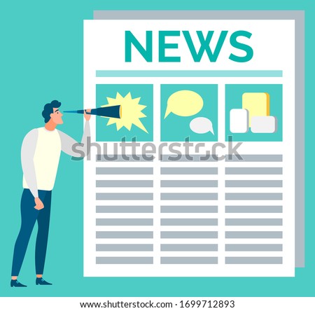 Newspaper broadcasting vector, isolated man looking at news with text and pictures. Article with headline, events in journal, publication for businessman