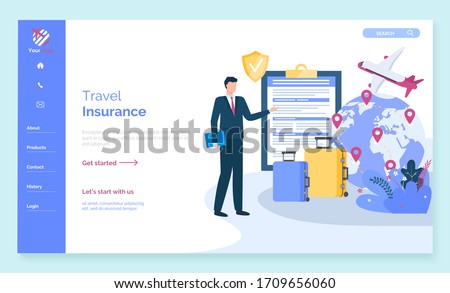 Travel insurance and positive sides of getting insured trip. Consultant or advisor showing contract and pointing on globe with location tags. Website or webpage template, landing page vector