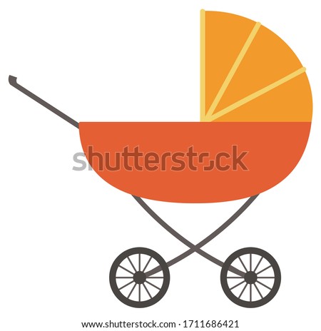 Perambulator with wheels and handle vector. Isolated pram for newborn kids and toddlers. Transportation of baby in pram. Gender-neutral carriage or buggy of orange color icon flat style illustration