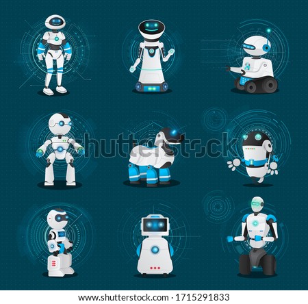 Set of robotic creatures. Collection of humanoids and androids of different shapes and model. Robot dog and bot on wheels. Futuristic characters with artificial intelligence, vector illustration