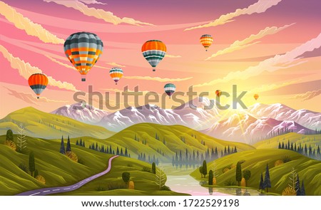 Colorful hot air balloons flying over mountain or landscape. Traveling, planning summer vacation, tourism and journey. Balloons in sky against backdrop of mountains sunset or sunrise over green meadow