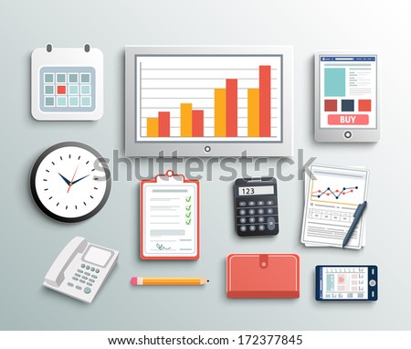 Workplace office and business work elements set. Mobile devices and documents