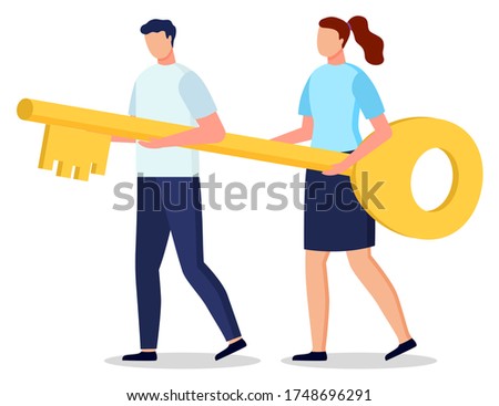 Man and woman hold together golden key to open locked door. Knowledge and partnership can lead to success. People carrying big metal device to have access to place. Vector illustration in flat style