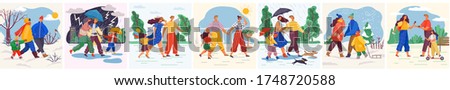 Family in various weather conditions. Couples strolling in summer and winter. People wearing seasonal clothes and walking on street in rain, snowfall in park, summer heat. Weather climate. Family walk