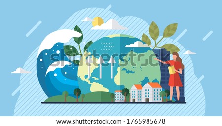 Change climate concept. Vector of climate change and saving the planet, World Environment Day, bio technology, a city on planet. Recycling waste, growing plants and choosing renewable resources