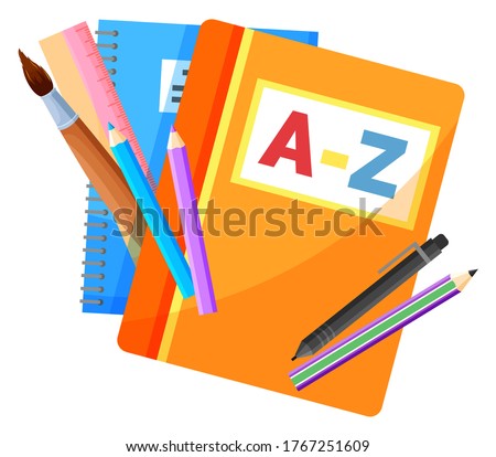 Textbook and copybook, school stationery supplies vector. Alphabet book and notebook, pencils and pen, paintbrush and ruler, writing and drawing tools. Back to school concept. Flat cartoon