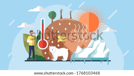 Global warming illustration, environment pollution, global warming heating impact concept. Change climate concept. Vector with tiny people and floral elements. World Environment Day, sun ecology