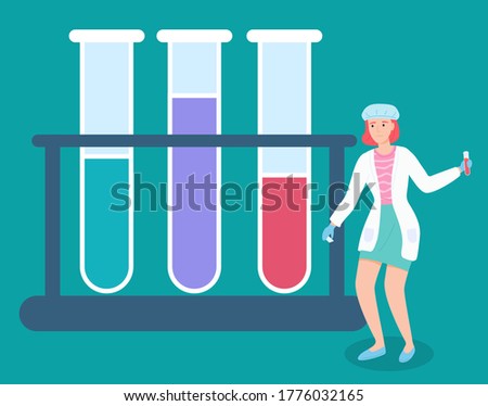 The concept of online diagnostics. Equipment for chemical test. Laboratory assistant on the background of test tubes. Flasks filled different colors liquids illustration. Laboratory glassware