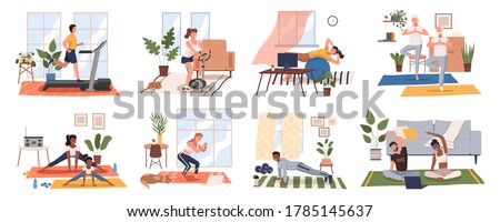 Sport exercise at home scenes set. Different people doing workout indoor. Yoga and fitness, healthy lifestyle. Flat vector illustration men and women using house as a gym lead an active lifestyle