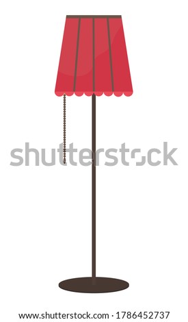 Red floor lamp interior lighting. Cozy home interior for living. Lighting fixture. Old vintage torchiere. Retro stylish piece of furniture for garage sale. Vector illustration in flat cartoon style