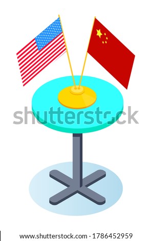 Isometric mint color round table illustration, American and Chinese flags. Symbol of partnerships, trade, cooperation. Negotiations of the countries. Trade relations, finance and cooperation.