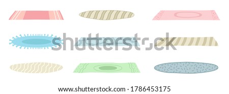 A set of floor mats of different shapes, colors. Floor covering, decorating the interior, a cozy home. Carpet, rug with fringed on the edge, home decoration. Vector illustration isolated on white