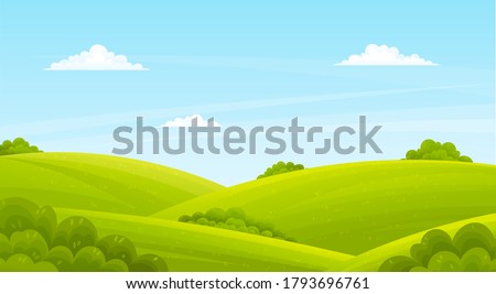 Lush light green lawn, field, hills, green deciduous bushes. Countryside, spring or summer time of year. Blue clear sky. Cartoon design for banners, sites. Flat vector image of beauty landscape
