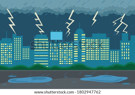 Rainy weather in city at night. Dark clouds looming over the town, goes rain, strong lightning and thunder. Cityscape with large city buildings with luminous windows, puddles on the road in evening