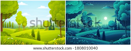 Day and night landscape with hills, forest, fir-trees, view at scenery with clear sky, full moon, summer fields with bushes and plants, nobody, ecological, non-urban, scene of countryside, wild