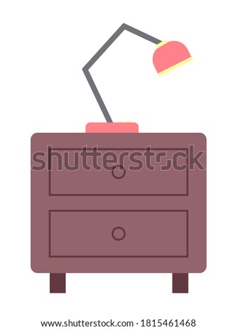 Brown or dark wooden bedside table or two drawers cupboard. Bedroom furniture item, table lighting. Lamp with adjustable stand, yellow on\off buttons. Flat vector illustration isolated on white