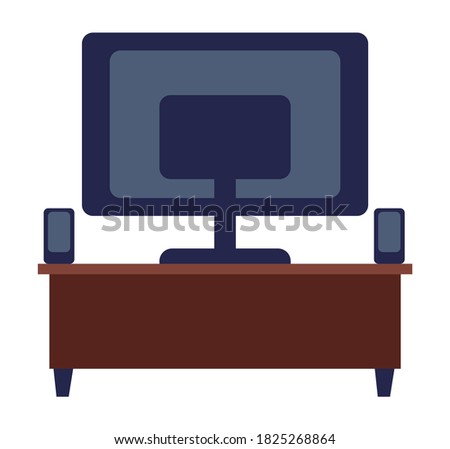Isolated tv stand with small columns. Screen of television or computer. Back view of tv at wooden stand. Modern technology, device for watching films, listening music. Cartoon vector illustration