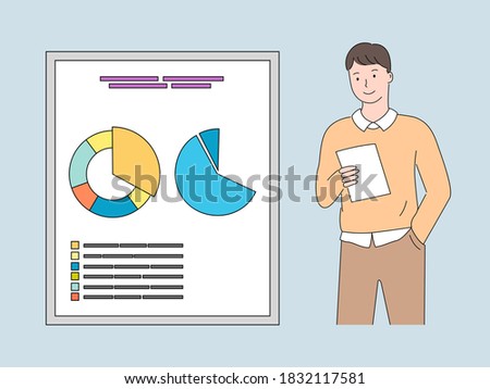 Business project development and stats on board vector, whiteboard with info pie diagram with segments, man reading paper, male looking at page analytics