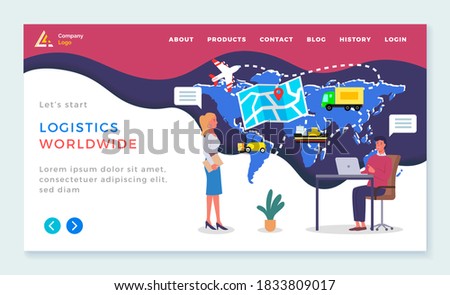 Landing page of logistics site. Logistics around the world. Big world map with cargo plane, truck, ship, electric lift. Man sits at table with laptop,woman holds document. Communication in the office